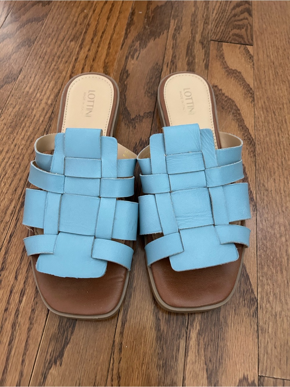 Lottini Light Blue Leather Woven Slide Sandals